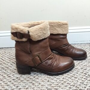 TaraM Brown Leather Ankle Boots Shearling Trim